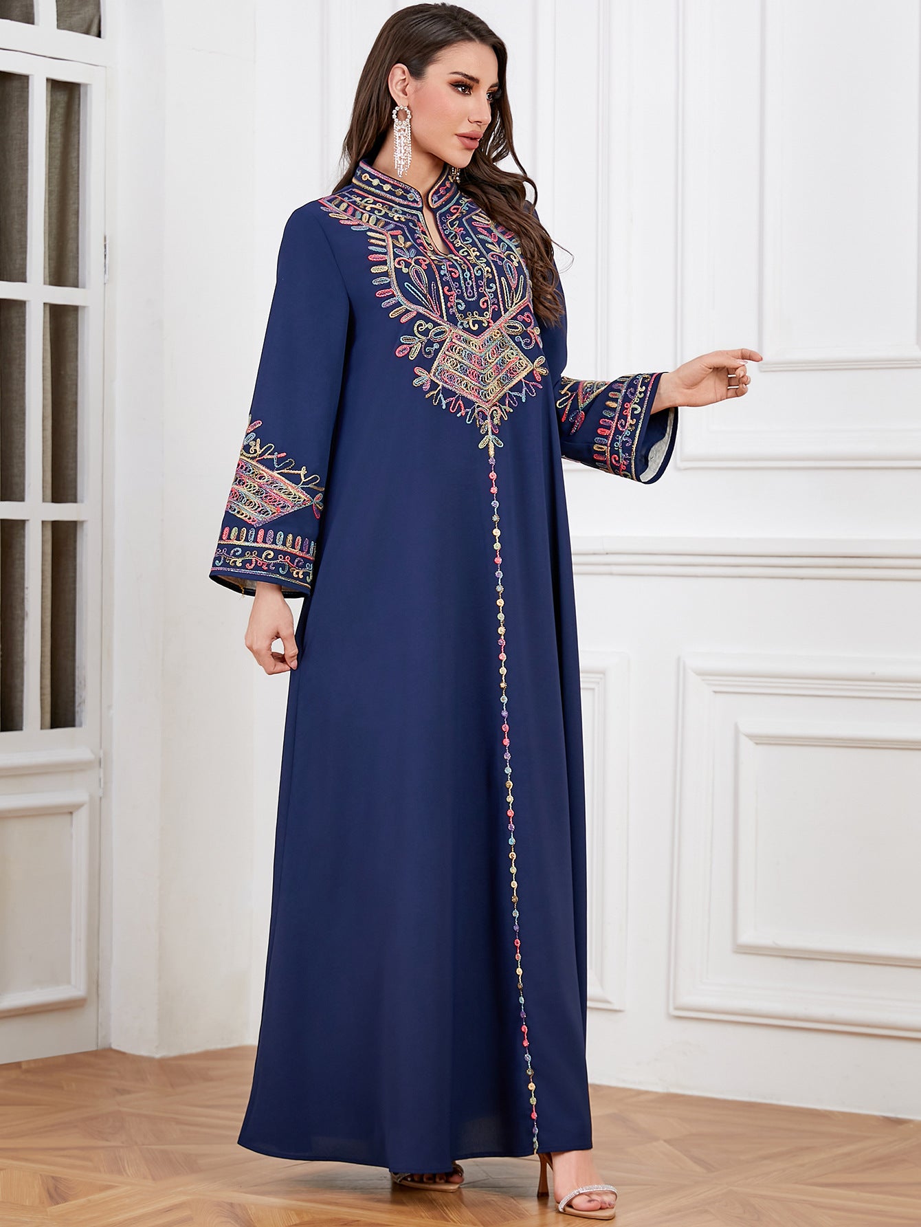 Navy Rope-Embroidered Robe Dress