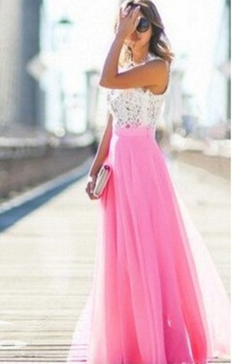 Lace Patchwork Sleeveless Maxi Dress for Women, Round Neck