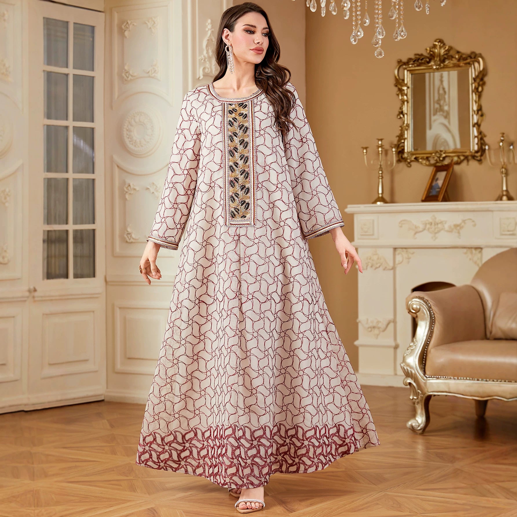 Burgundy Embroidered Applique Maxi Dress
