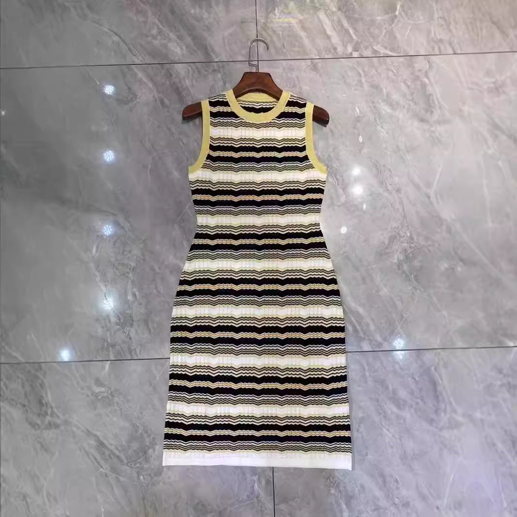 Striped Jacquard Knitted Sleeveless Waist-Cinching Dress for Women