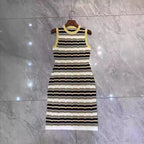 Striped Jacquard Knitted Sleeveless Waist-Cinching Dress for Women