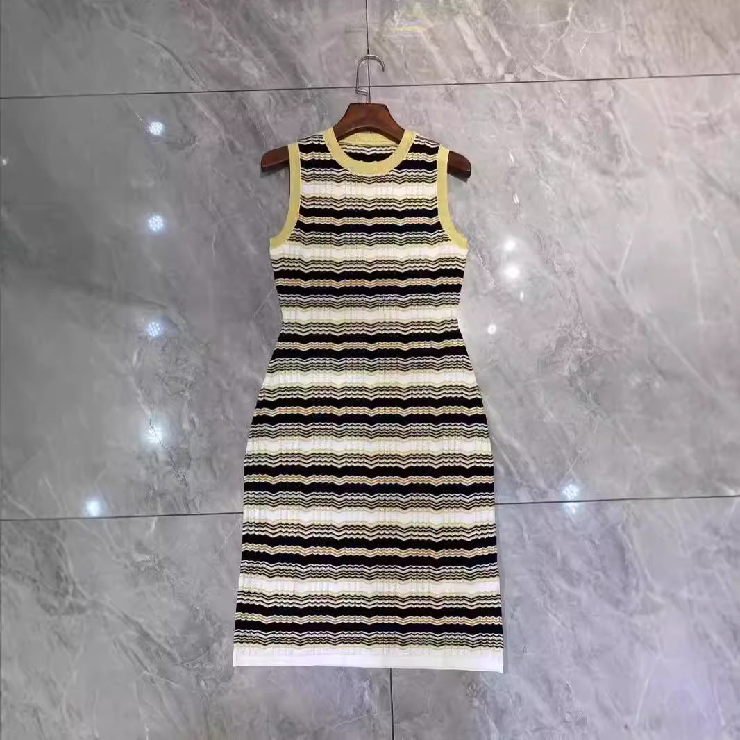Striped Jacquard Knitted Sleeveless Waist-Cinching Dress for Women