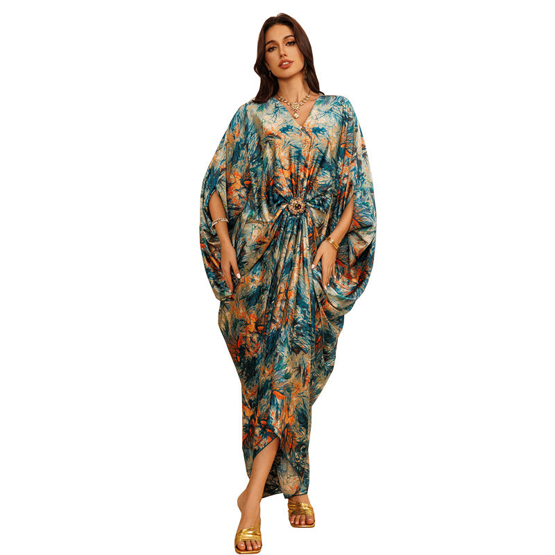 Printed Loose Crew-Neck Maxi Dress