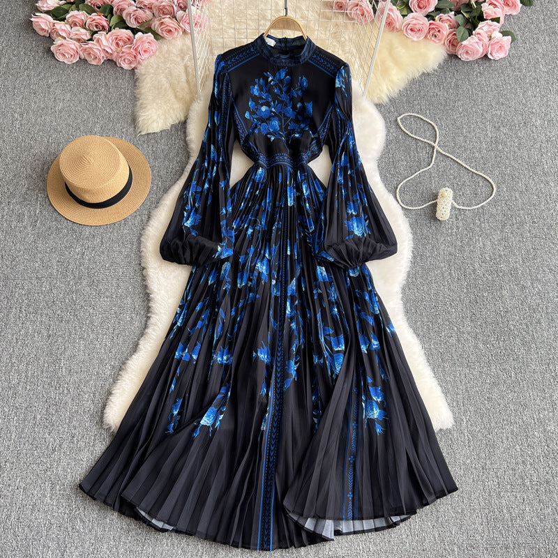 Pleated Lantern-Sleeve Maxi Dress