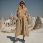 Vintage Cotton-Linen Hooded Half-Zip Midi Dress for Women