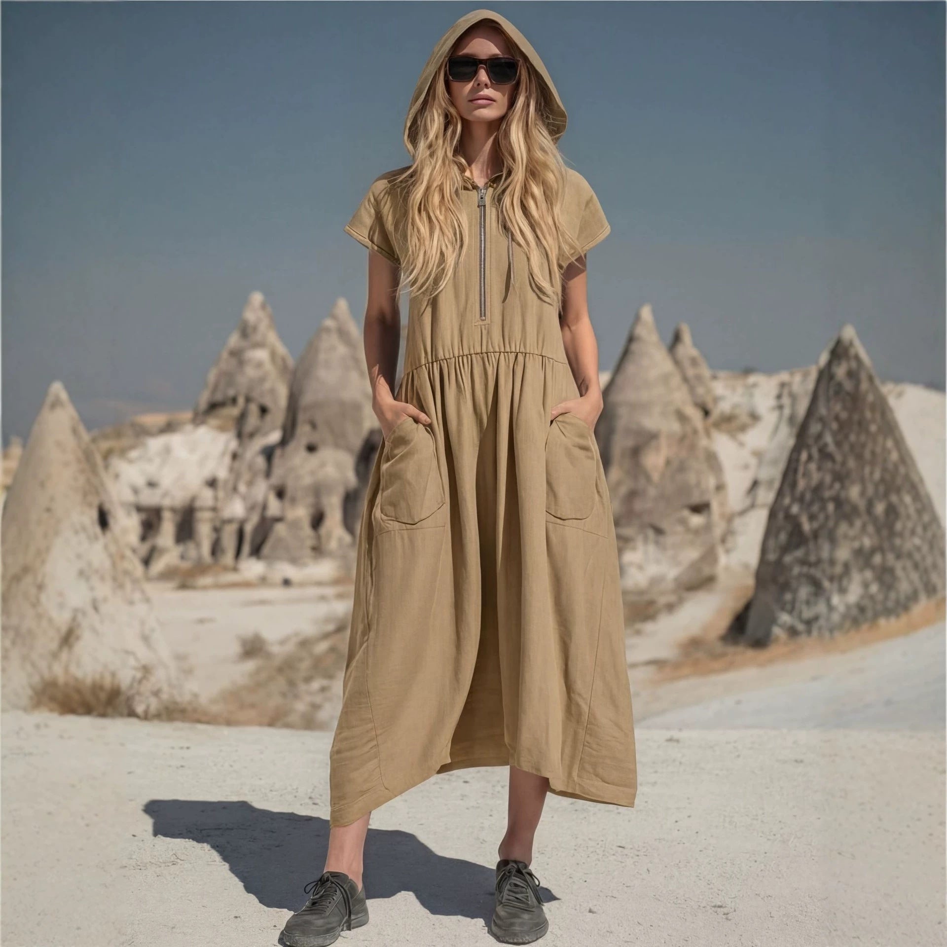 Vintage Cotton-Linen Hooded Half-Zip Midi Dress for Women