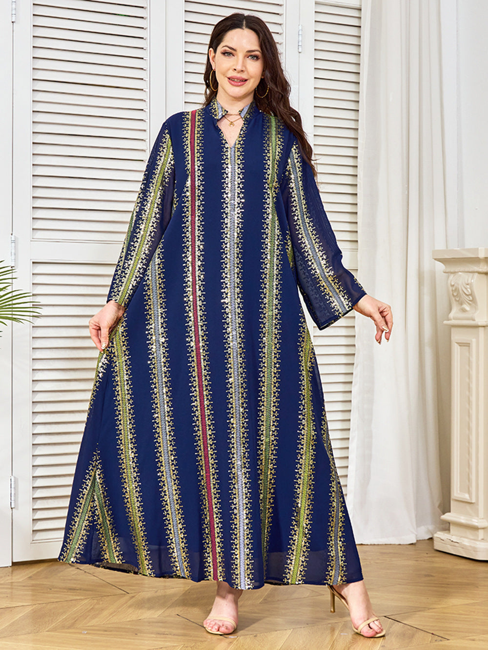 V-Neck Loose Long-Sleeve Maxi Dress, Blue