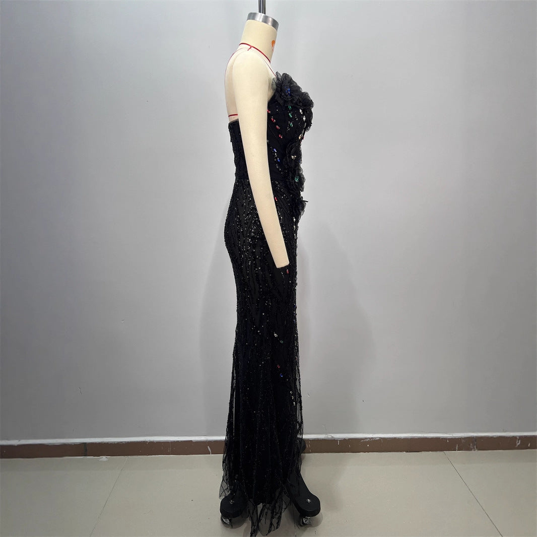 One-Shoulder Sequin Mermaid Evening Gown in Black