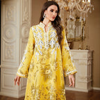 Yellow Embroidered Printed Robe Maxi Dress
