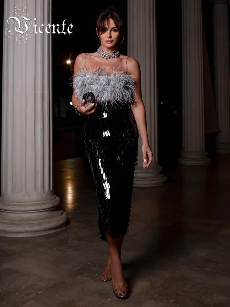 Ostrich Feather Strap Top & Sequin Skirt Co-ord Set for Women Secondary image