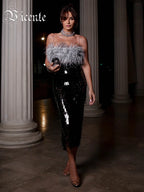 Ostrich Feather Strap Top & Sequin Skirt Co-ord Set for Women