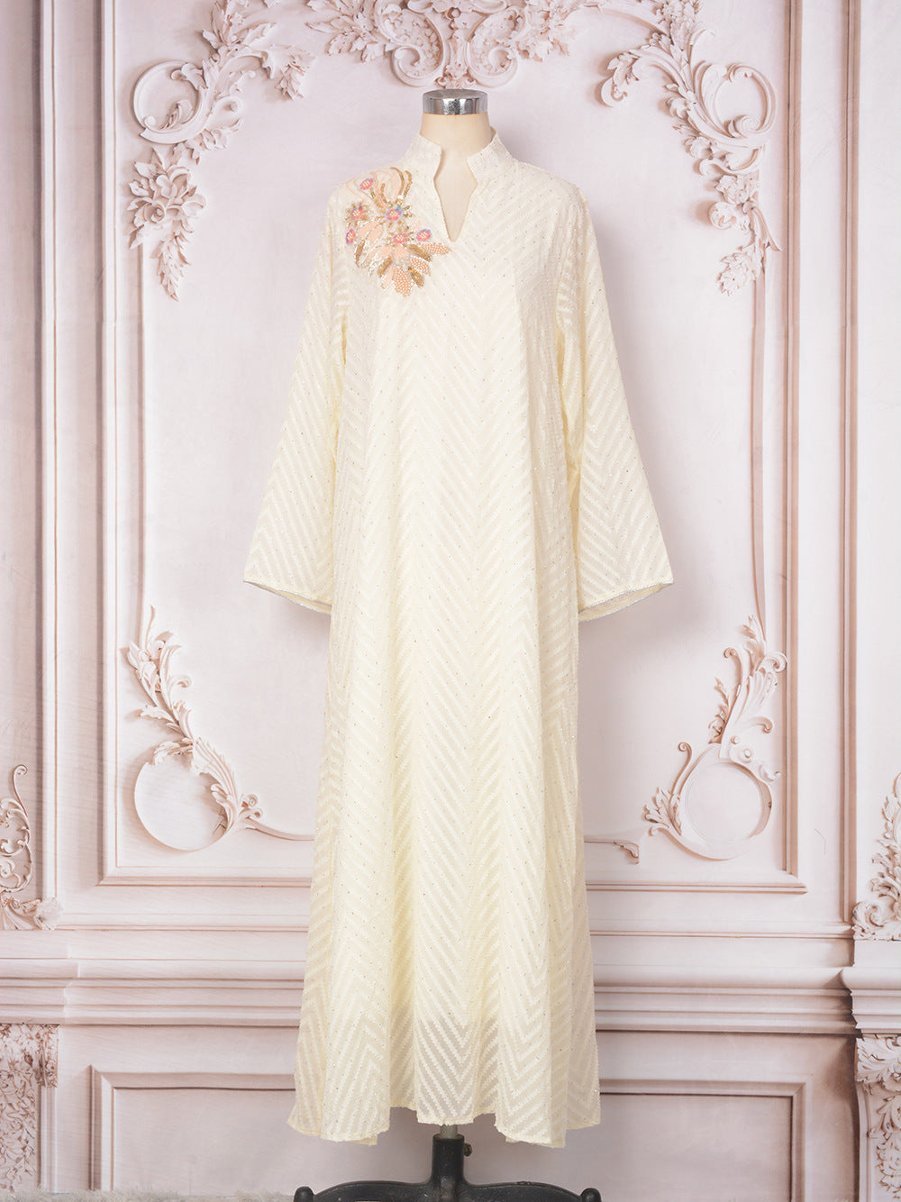 Beaded collar flower long sleeved dress for women