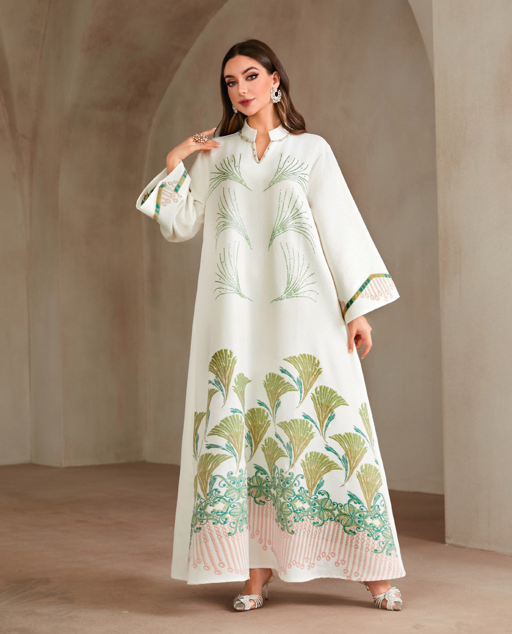 Embroidered Rhinestone Knit Maxi Dress