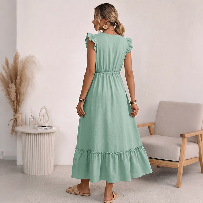 Tassel Tie-Waist Flutter-Sleeve A-Line Maxi Dress for Women