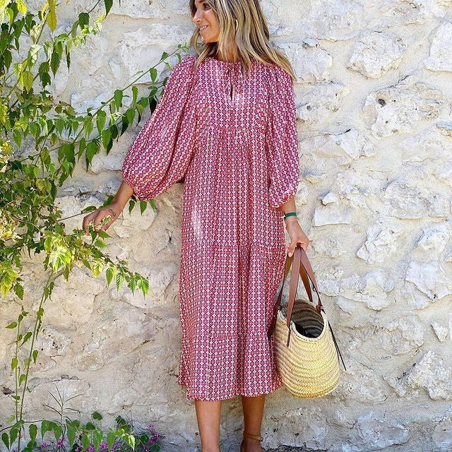 Bohemian Print Long Sleeve Flowy Maxi Dress for Women