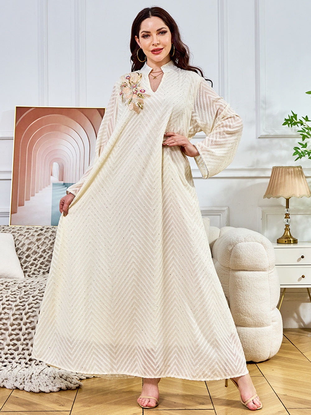 Beaded collar flower long sleeved dress for women