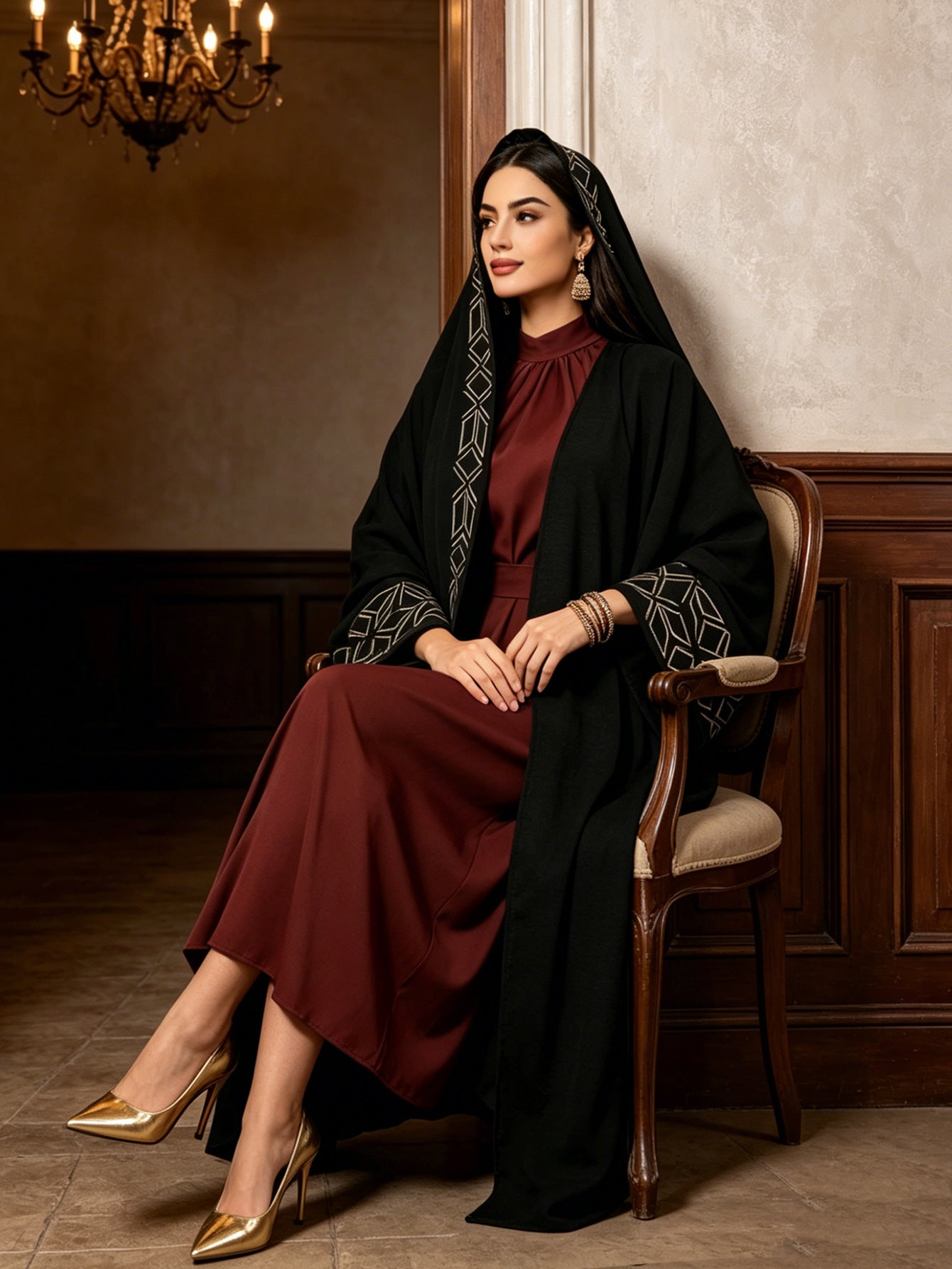 Black Embroidered Robe Dress