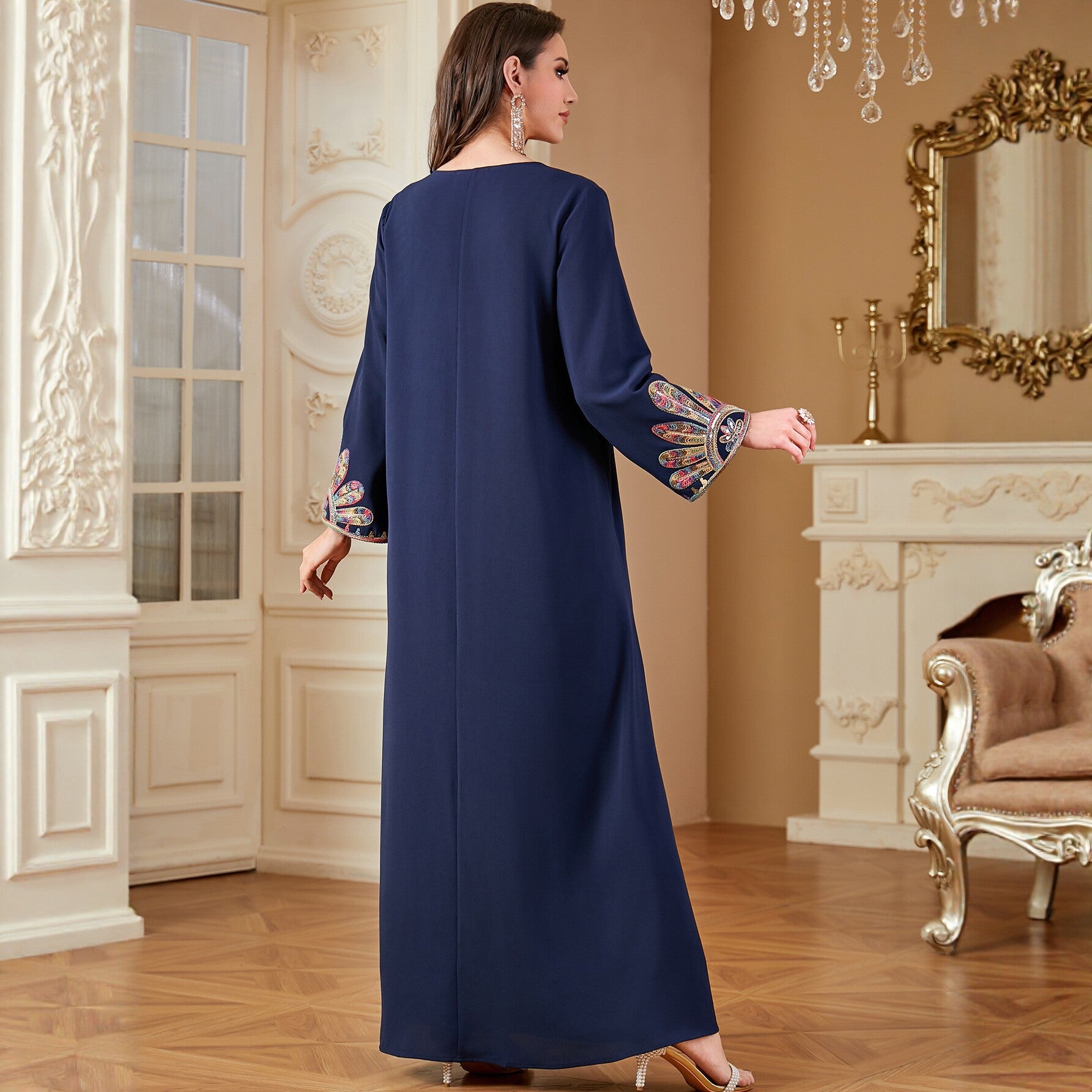 Navy Embroidered A-Line Robe Maxi Dress