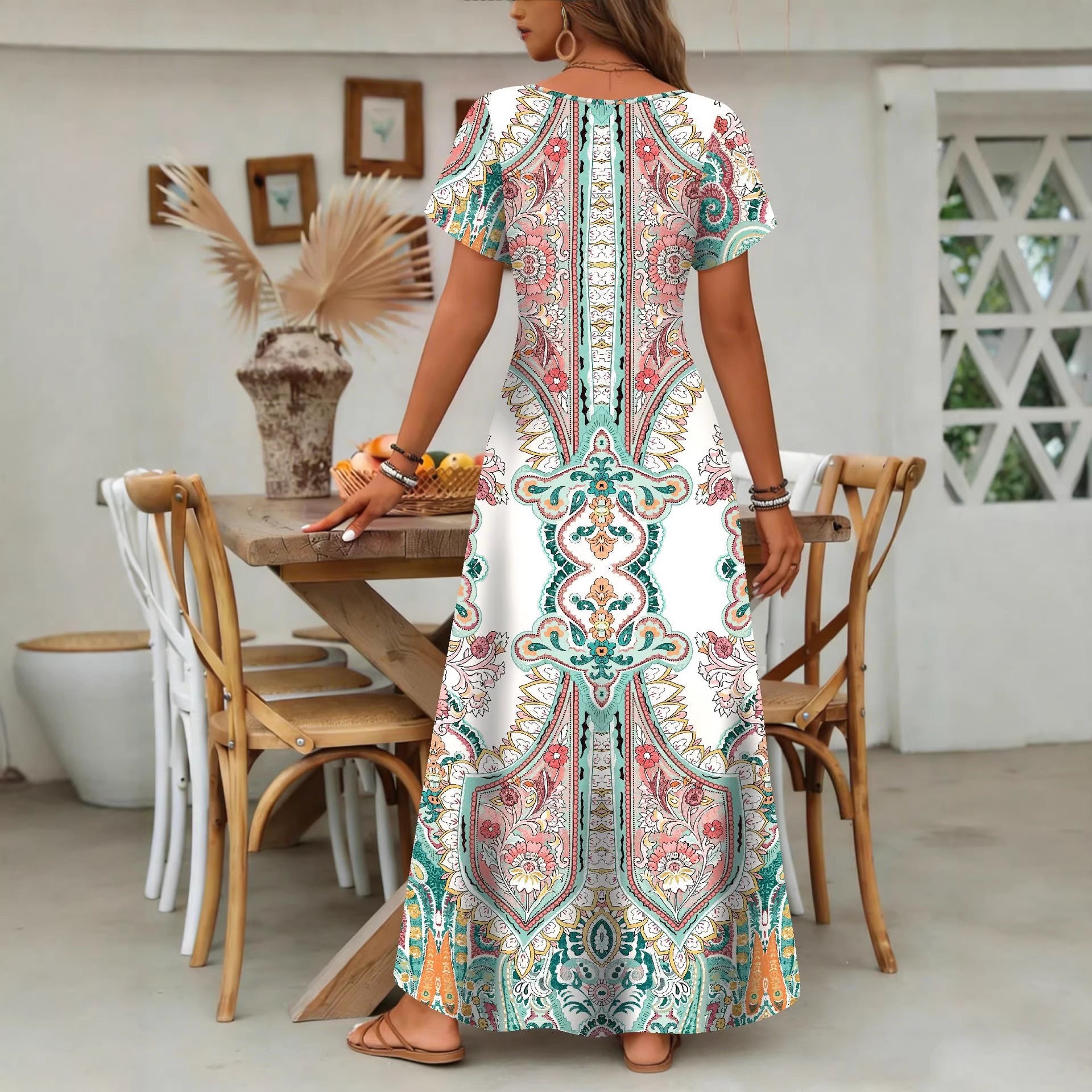 Vintage Print Short-Sleeve Maxi Dress Main image