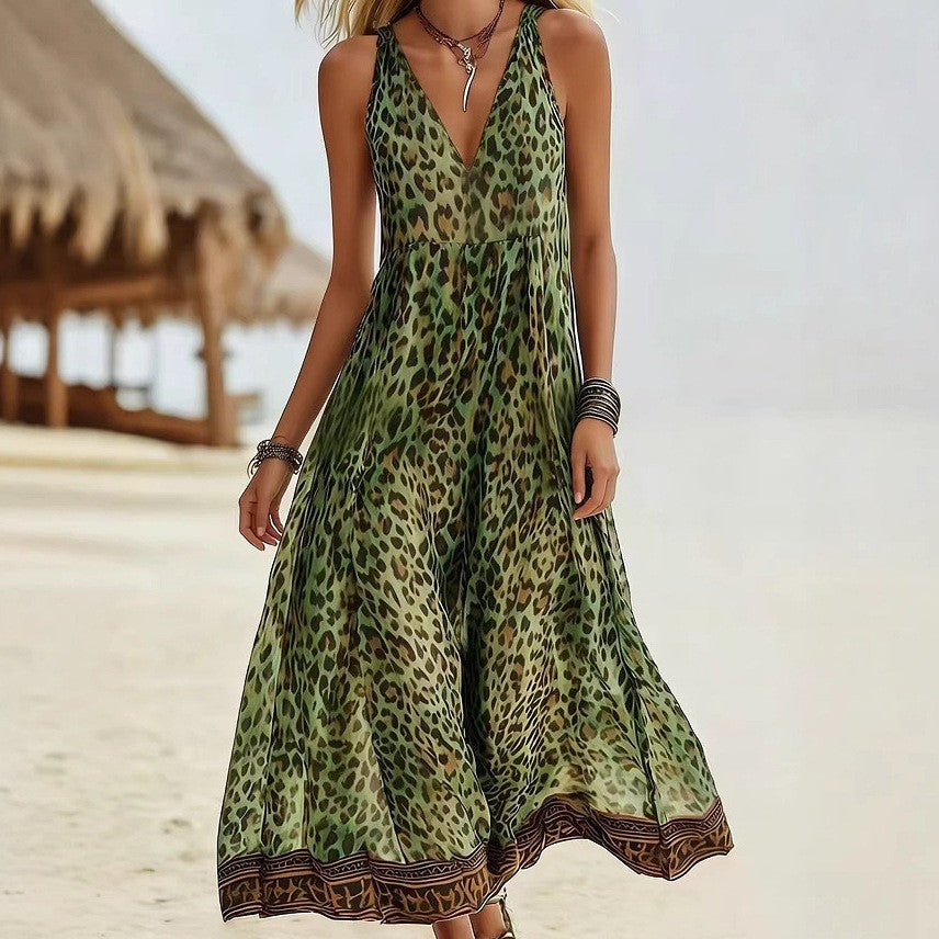 Printed Sleeveless V-Neck A-Line Maxi Dress