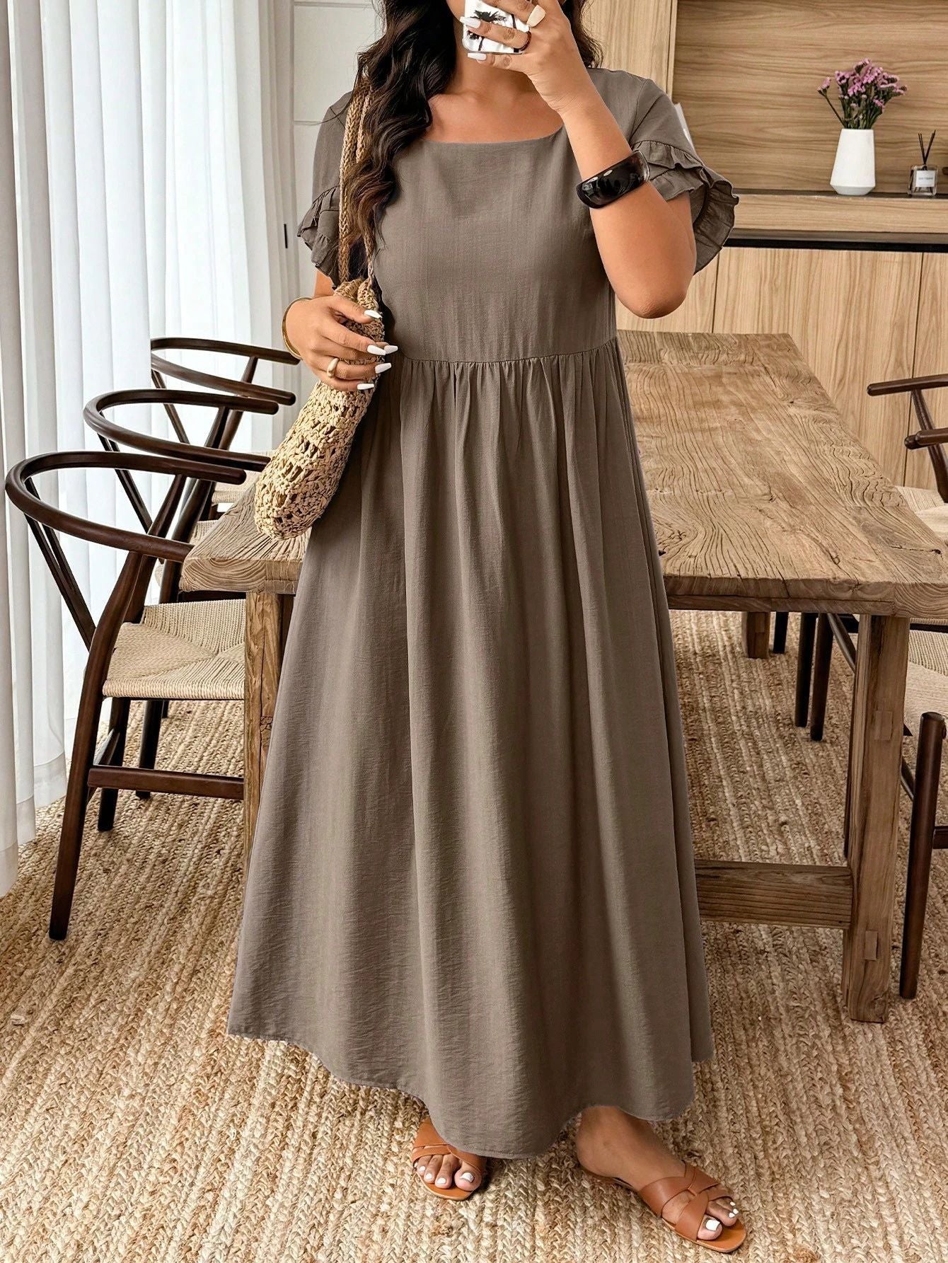 Brown Casual Plus-Size Maxi Dress