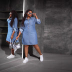 Denim Long-Sleeve Loose-Fit Midi Dress for Women, Collared