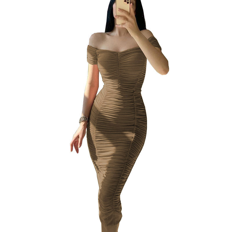 Off-Shoulder Pleated Maxi Dress for Women, One-Shoulder