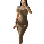 Off-Shoulder Pleated Maxi Dress for Women, One-Shoulder