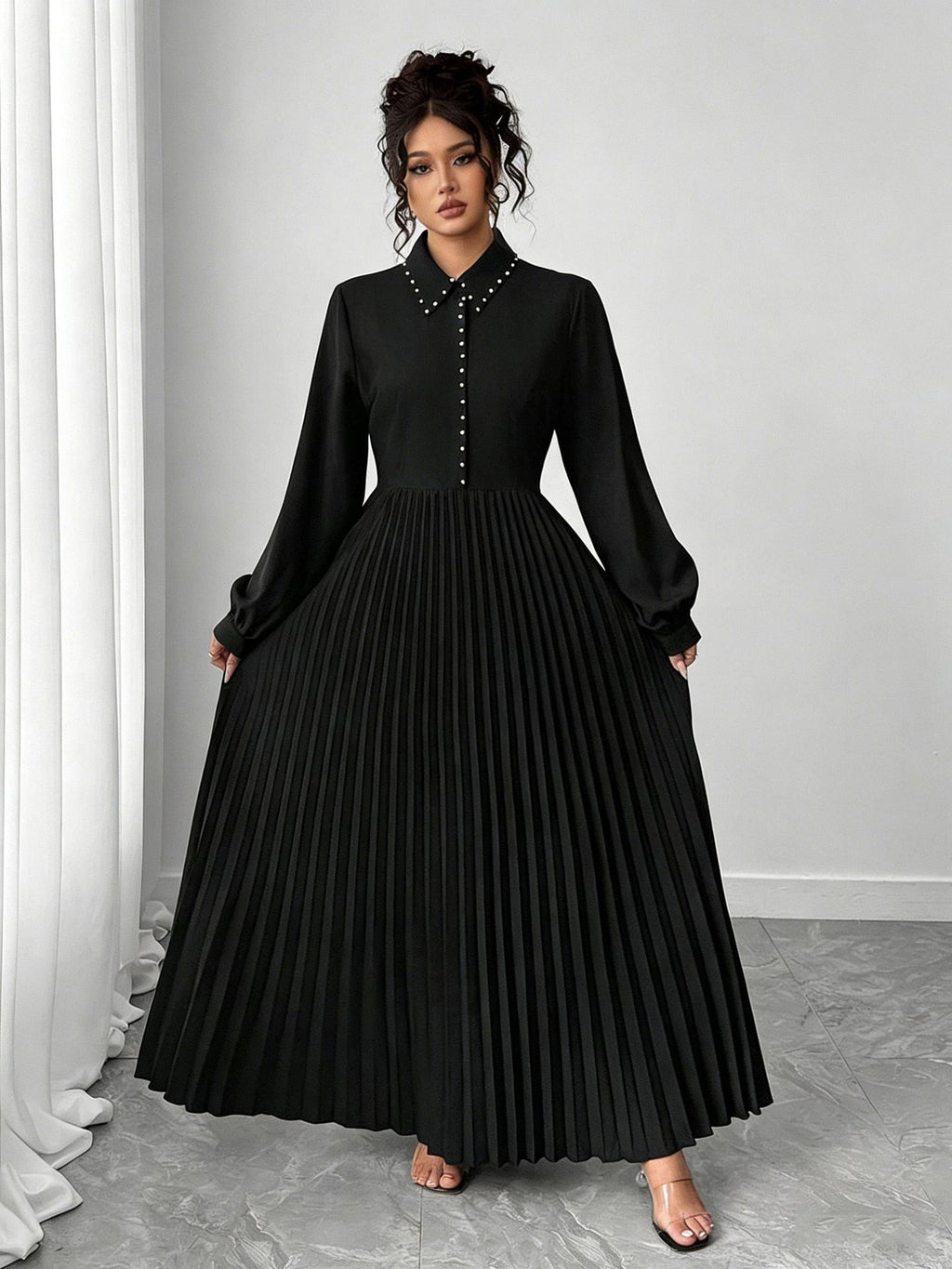 Plus-Size Black Pleated Maxi Dress