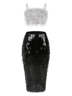 Ostrich Feather Strap Top & Sequin Skirt Co-ord Set for Women