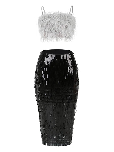 Ostrich Feather Strap Top & Sequin Skirt Co-ord Set for Women