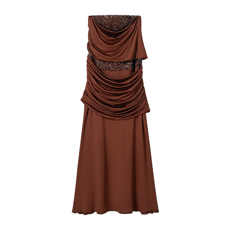 Pleated Strapless Maxi Dress for Women, Fitted