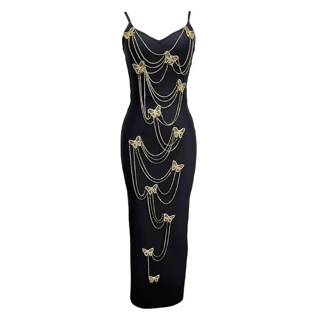Embroidered Butterfly Bead Chain Maxi Dress for Women
