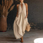 Sleeveless Stand-Collar A-Line Maxi Dress