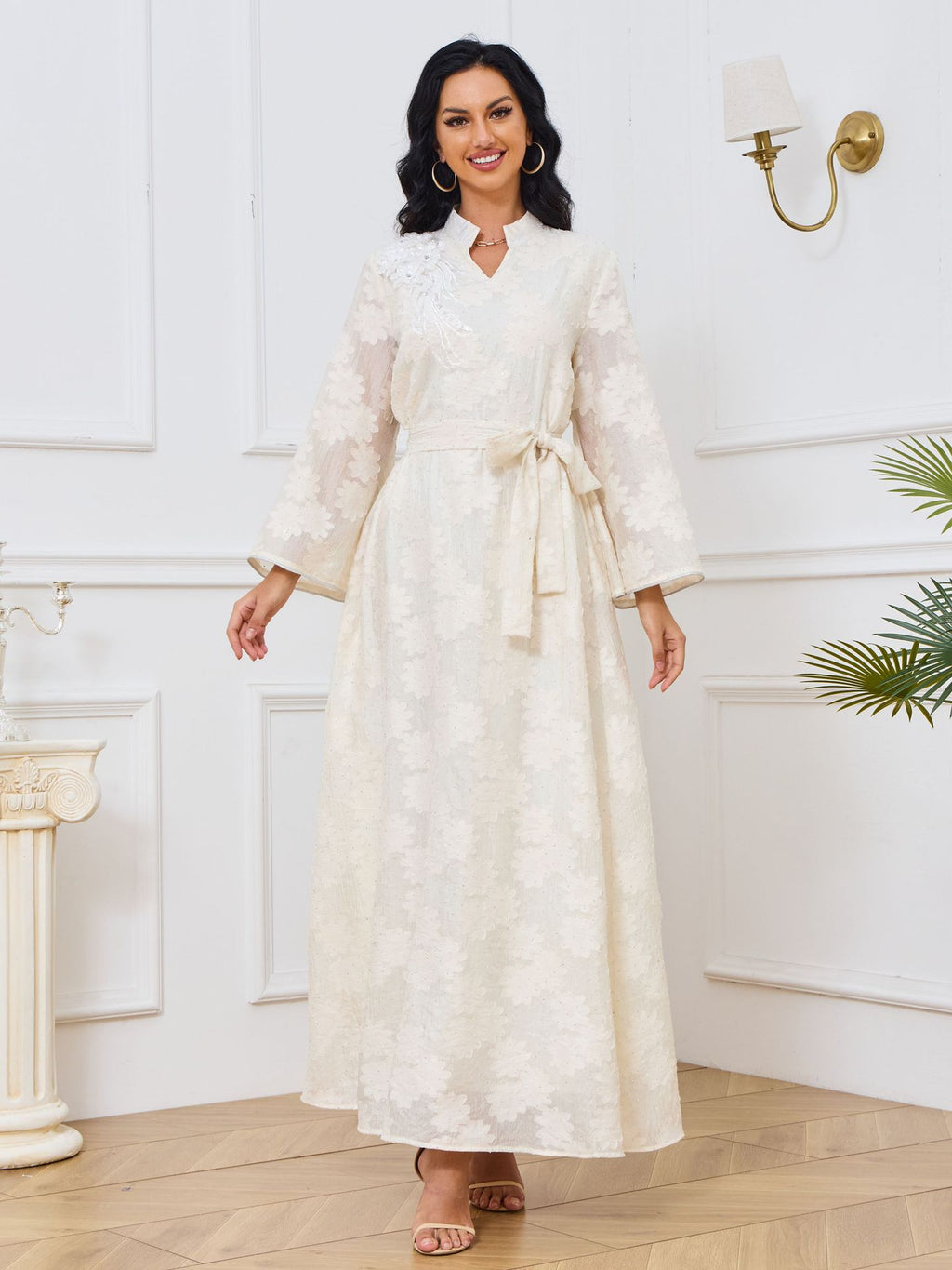 V-Neck Lace-Up Long-Sleeve Maxi Dress, Apricot & Light Blue