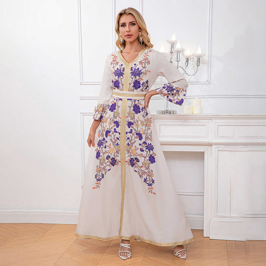 Printed Trumpet-Sleeve Maxi Dress