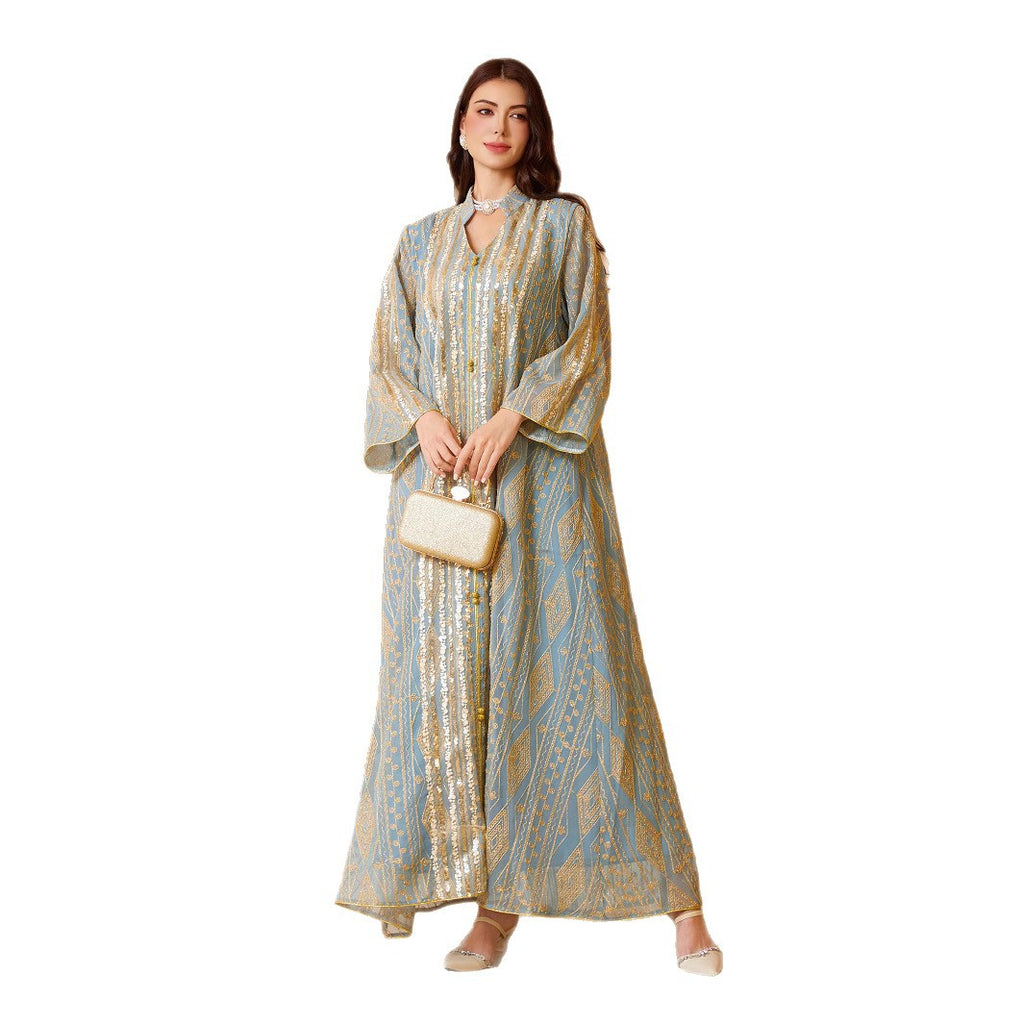 Blue & Green V-Neck Long-Sleeve Maxi Dress