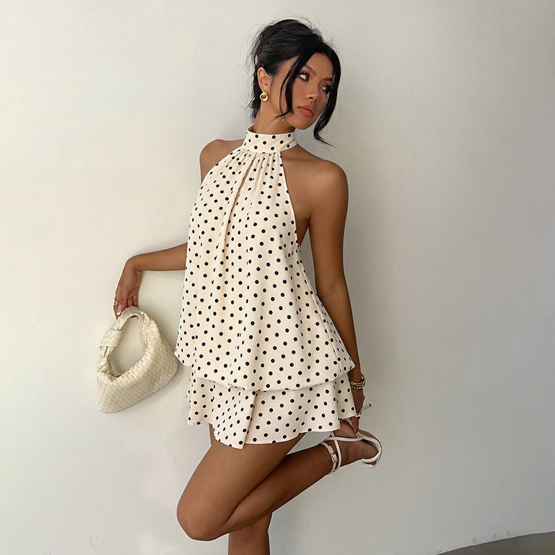 Polka Dot Halter Backless Mini Dress for Women, Sleeveless
