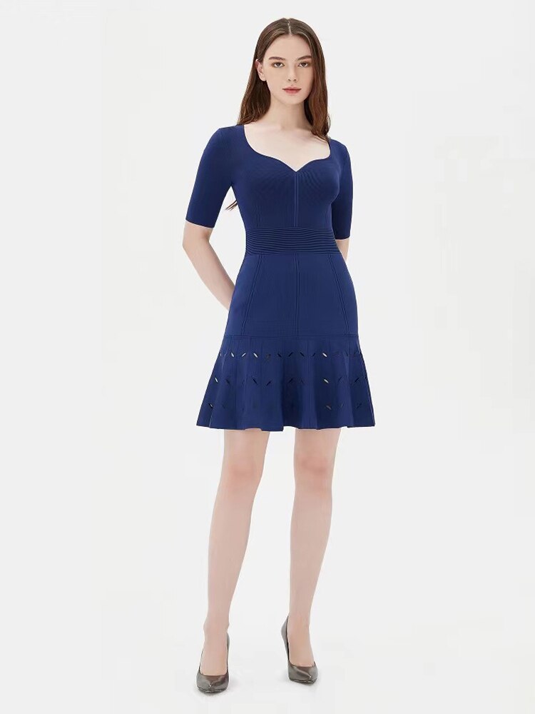 Cotton Jacquard V-Neck Bandage Dress, Pink and Navy