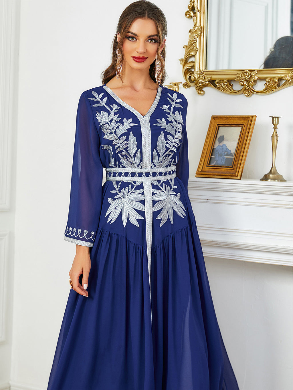 Embroidered V-Neck Robe Maxi Dress
