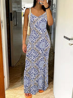 Printed Strapless Backless Maxi Dress for Women, V-Neck
