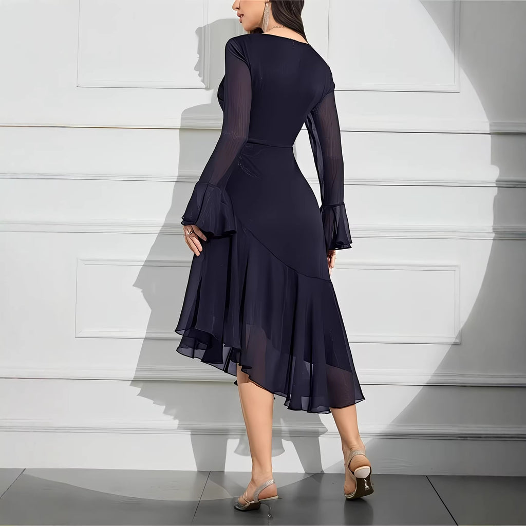 Ruffle-Pleat Slim-Fit Midi Dress for Women, Long Sleeve