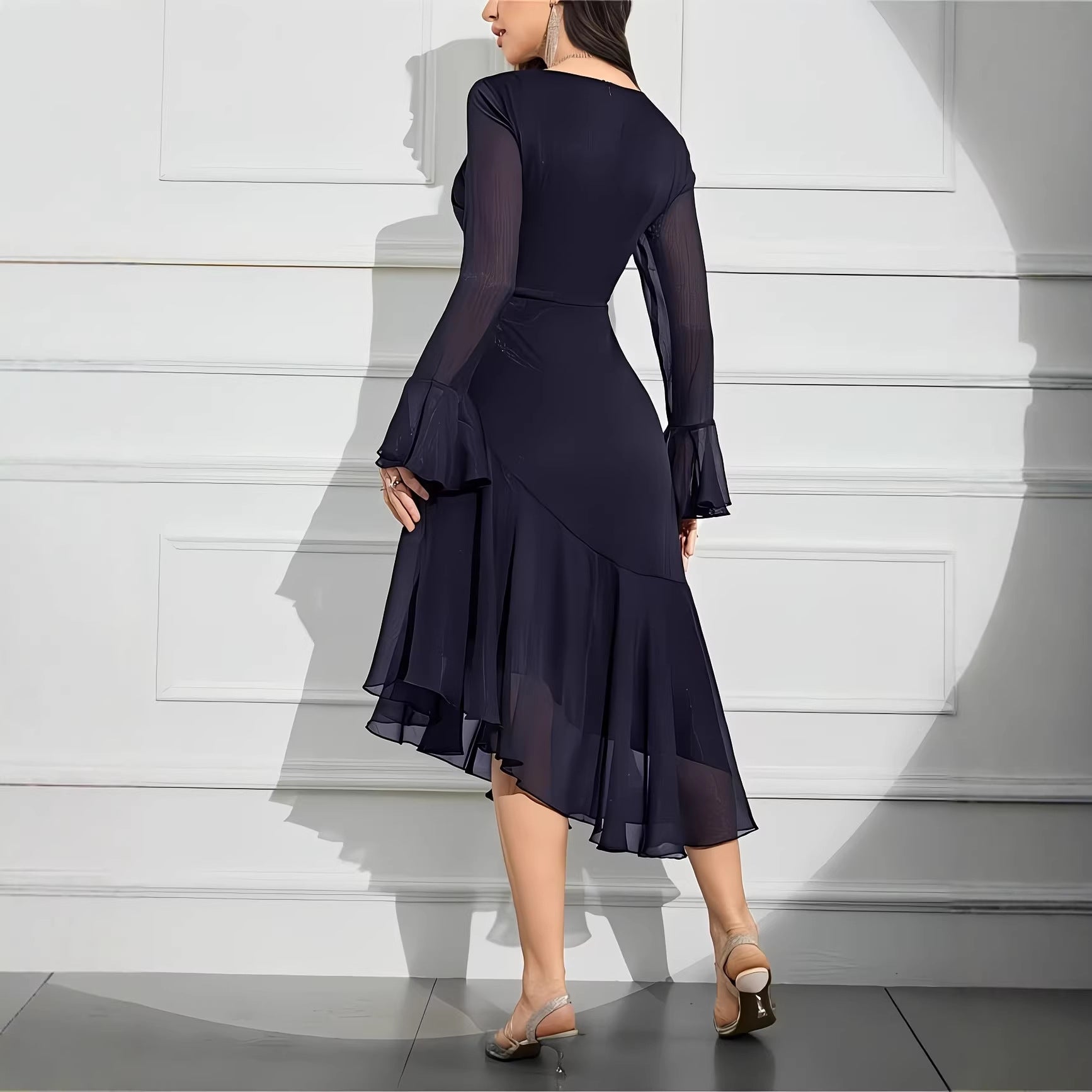 Ruffle-Pleat Slim-Fit Midi Dress for Women, Long Sleeve