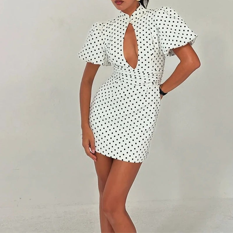 Polka Dot Stand-Collar Mini Dress for Women, Cut-Out Detail