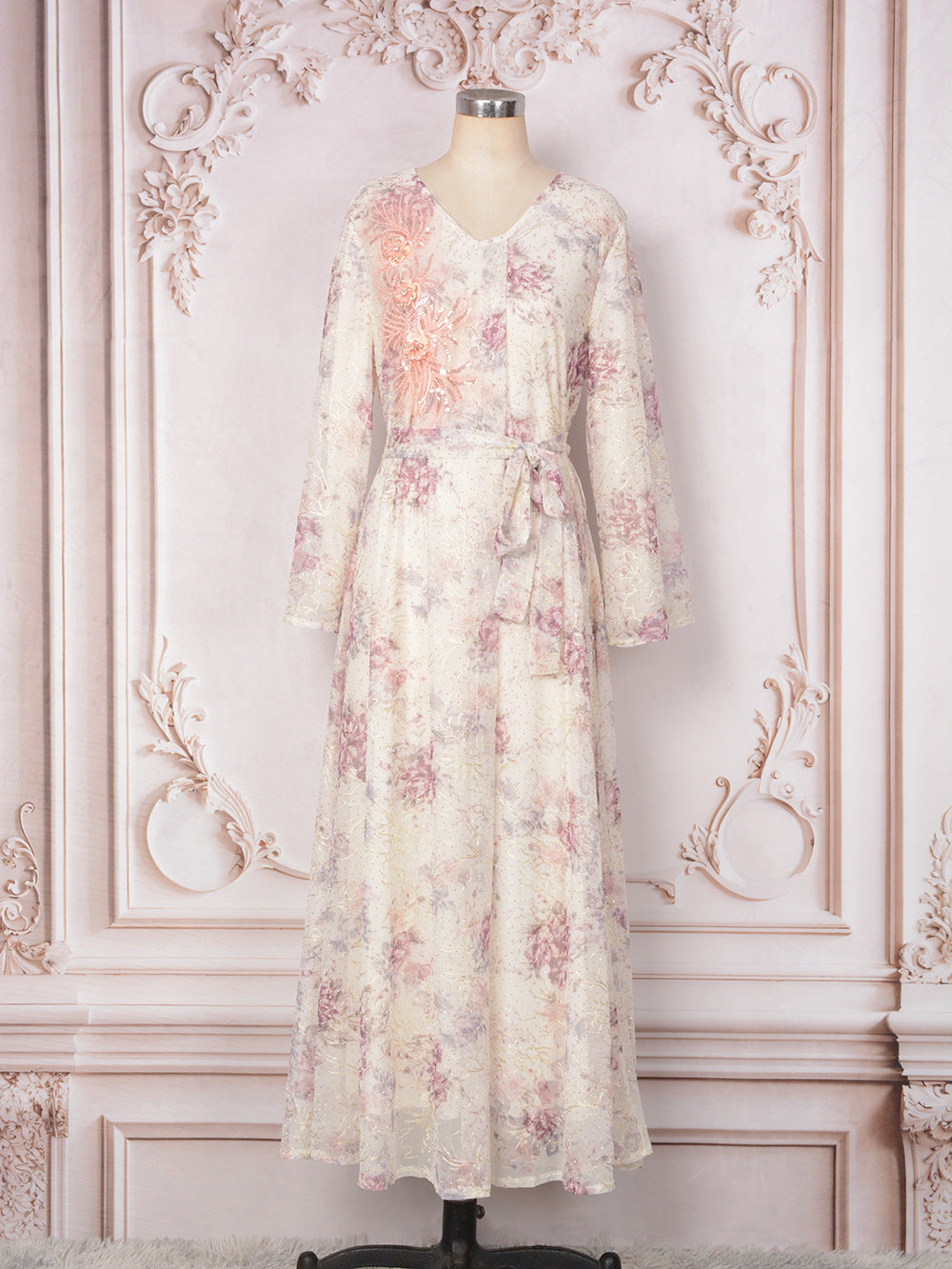 V-Neck Lace-Up Long-Sleeve Maxi Dress
