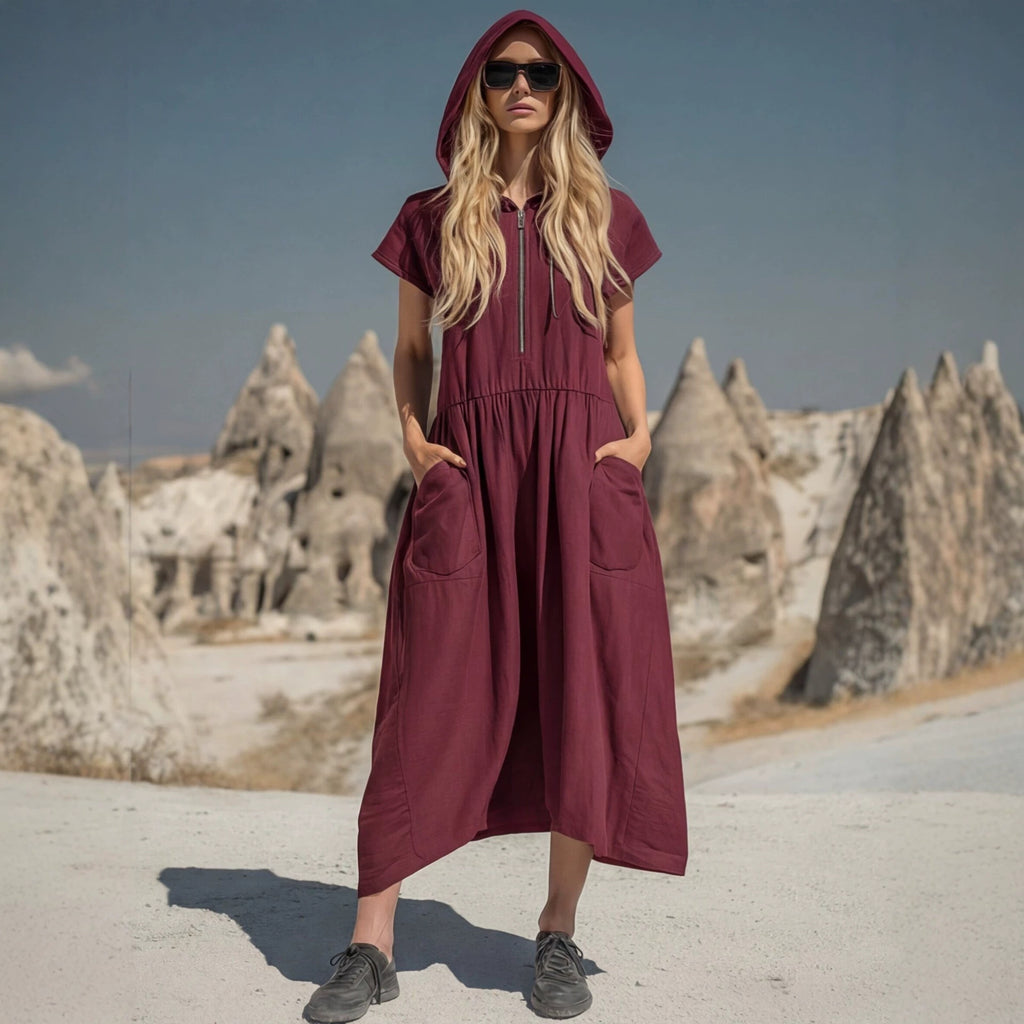 Vintage Cotton-Linen Hooded Half-Zip Midi Dress for Women