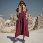 Vintage Cotton-Linen Hooded Half-Zip Midi Dress for Women