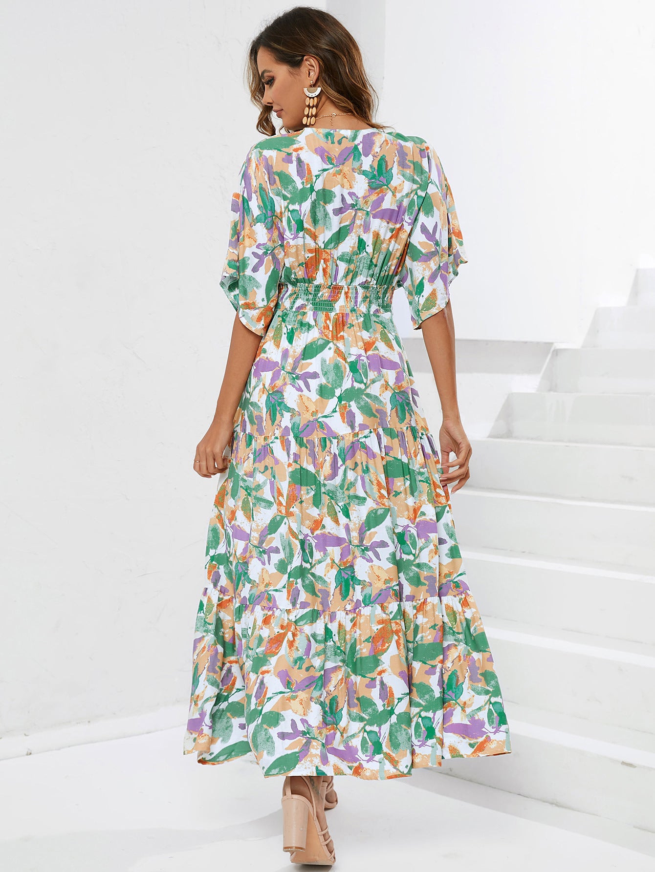 Cinched-Waist Printed Maxi Dress