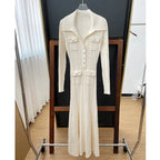 Ivory Ribbed-Knit Fishtail Maxi Dress for Women, Long Sleeve