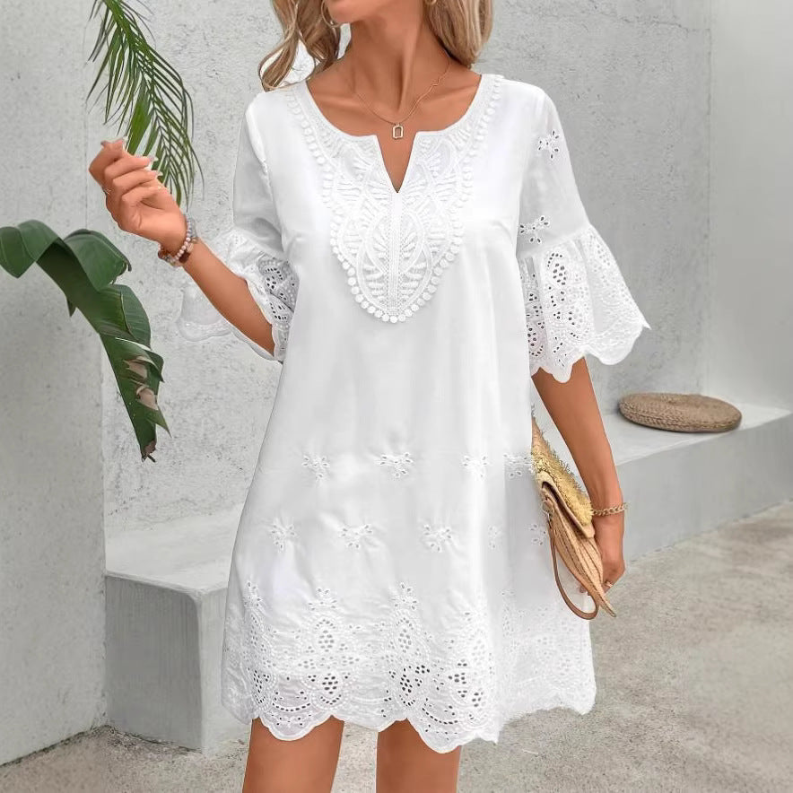 White Eyelet Midi Dress, V-Neck